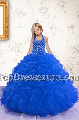 Custom Made Halter Top Royal Blue Sleeveless Floor Length Beading and Ruffles Lace Up Little Girl Pageant Dress