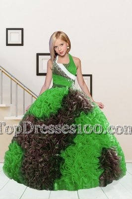 Shining Halter Top Sleeveless Floor Length Beading and Ruffles Lace Up Custom Made with Apple Green and Chocolate