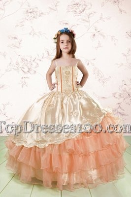 Superior Organza Spaghetti Straps Sleeveless Lace Up Embroidery and Ruffled Layers Flower Girl Dress in Orange Red