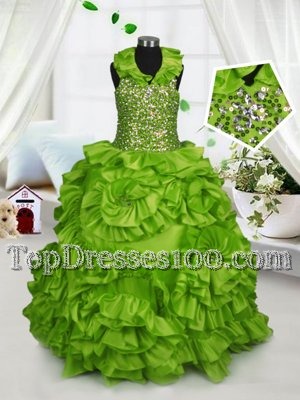Elegant Halter Top Sleeveless Flower Girl Dresses for Less Floor Length Beading and Ruffles Olive Green Taffeta