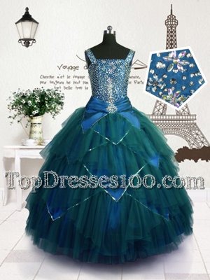Wonderful Teal Ball Gowns Beading and Belt Party Dress for Girls Lace Up Tulle Sleeveless Floor Length
