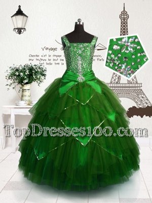 Flirting Dark Green Ball Gowns Beading and Sashes|ribbons Flower Girl Dress Lace Up Tulle Sleeveless Floor Length