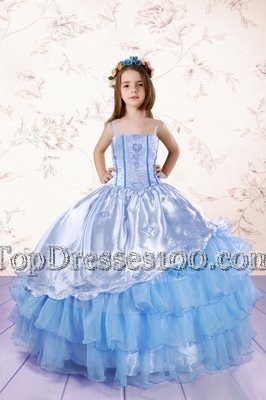 Organza Spaghetti Straps Sleeveless Lace Up Embroidery and Ruffled Layers Flower Girl Dresses in Baby Blue
