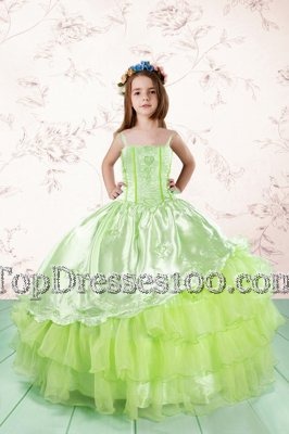 Organza Spaghetti Straps Sleeveless Lace Up Embroidery and Ruffled Layers Toddler Flower Girl Dress in Yellow Green