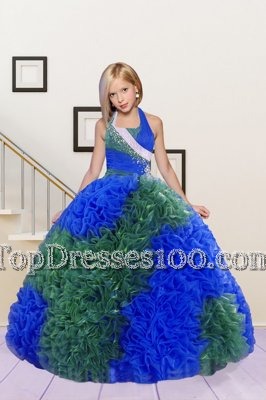 Fancy Blue and Dark Green Lace Up Halter Top Beading and Ruffles Flower Girl Dress Fabric With Rolling Flowers Sleeveless