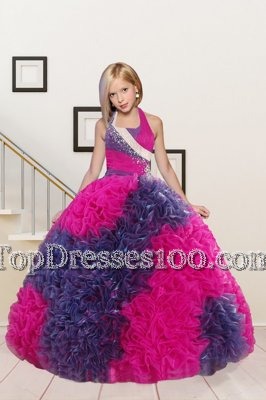 Fabric With Rolling Flowers Halter Top Sleeveless Lace Up Beading and Ruffles Flower Girl Dresses in Fuchsia