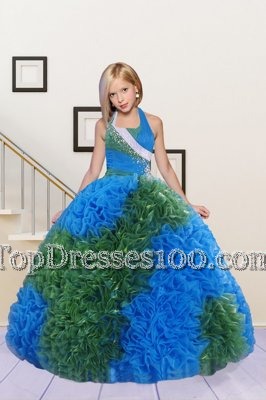 Charming Blue and Dark Green Fabric With Rolling Flowers Lace Up Halter Top Sleeveless Floor Length Teens Party Dress Beading and Ruffles