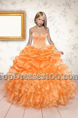 Sleeveless Organza Floor Length Lace Up Party Dress for Toddlers in Orange for with Beading and Ruffles and Pick Ups