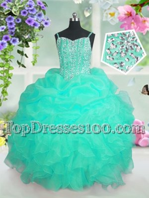 Turquoise Organza Lace Up Spaghetti Straps Sleeveless Floor Length Little Girl Pageant Gowns Beading and Ruffles and Pick Ups