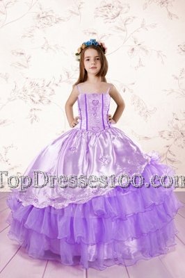 Custom Fit Lavender Ball Gowns Embroidery and Ruffled Layers Custom Made Lace Up Organza Sleeveless Floor Length