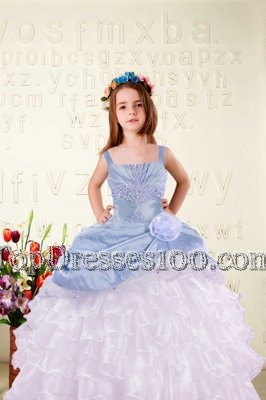 Decent Light Blue Lace Up Flower Girl Dress Beading and Ruffled Layers and Hand Made Flower Sleeveless Floor Length