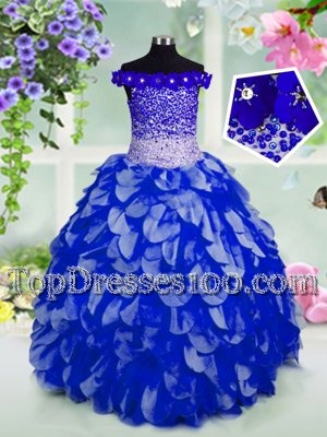 Off the Shoulder Floor Length Lace Up Little Girls Pageant Dress Wholesale Royal Blue and In for Party and Wedding Party with Beading and Hand Made Flower
