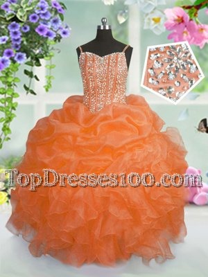 Dramatic Orange Ball Gowns Organza Spaghetti Straps Sleeveless Beading and Ruffles and Pick Ups Floor Length Lace Up Little Girls Pageant Dress Wholesale