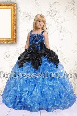Customized Floor Length Blue Toddler Flower Girl Dress Organza Sleeveless Beading and Pick Ups