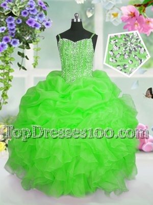 Apple Green Straps Neckline Beading and Ruffles and Pick Ups Little Girl Pageant Gowns Sleeveless Lace Up