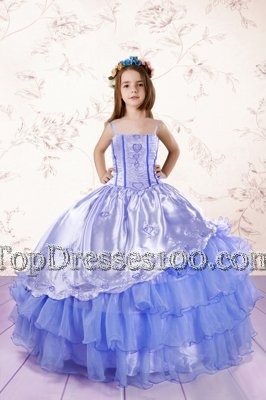 Baby Blue Ball Gowns Spaghetti Straps Sleeveless Organza Floor Length Lace Up Embroidery and Ruffled Layers Teens Party Dress