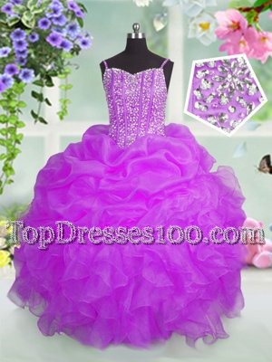 Organza Spaghetti Straps Sleeveless Lace Up Beading and Ruffles and Pick Ups Toddler Flower Girl Dress in Fuchsia