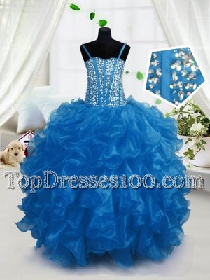 Most Popular Blue Kids Formal Wear Party and Wedding Party and For with Beading and Ruffles Spaghetti Straps Sleeveless Lace Up