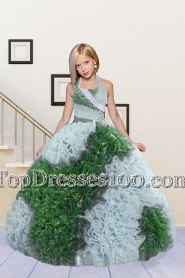 Flirting Green and Light Blue Fabric With Rolling Flowers Lace Up Halter Top Sleeveless Floor Length Teens Party Dress Beading and Ruffles