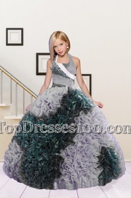 Romantic Dark Green and Silver Ball Gowns Fabric With Rolling Flowers Halter Top Sleeveless Beading and Ruffles Floor Length Lace Up Toddler Flower Girl Dress