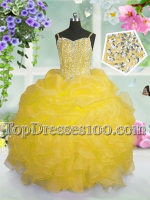 Customized Gold Organza Lace Up Flower Girl Dress Sleeveless Floor Length Beading and Ruffles and Pick Ups