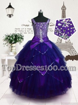 Designer Floor Length Purple Party Dress Straps Sleeveless Lace Up