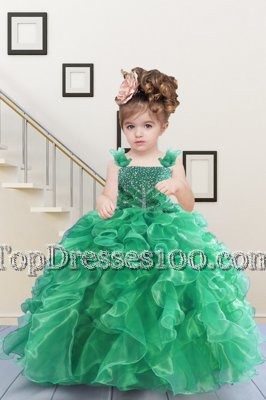 Romantic Apple Green Flower Girl Dress Military Ball and Sweet 16 and Quinceanera and For with Beading and Ruffles Straps Sleeveless Lace Up