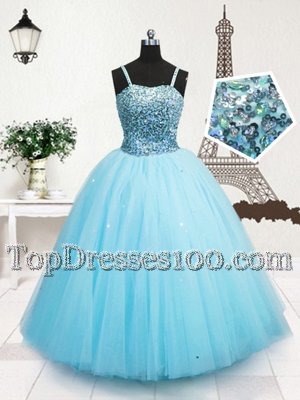 Attractive Turquoise Ball Gowns Tulle Spaghetti Straps Sleeveless Beading and Sequins Floor Length Zipper Little Girl Pageant Dress