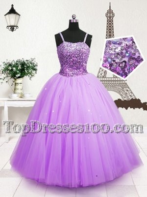 Lavender Zipper Little Girls Pageant Dress Wholesale Beading and Sequins Sleeveless Floor Length