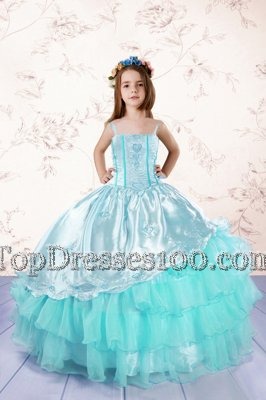 Fashionable Ruffled Ball Gowns Toddler Flower Girl Dress Turquoise Spaghetti Straps Organza Sleeveless Floor Length Lace Up