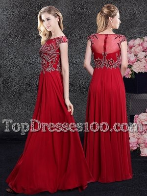 Extravagant Scoop Cap Sleeves Chiffon Floor Length Zipper Prom Dresses in Red for with Appliques