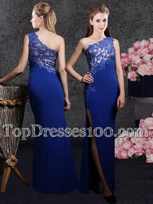 One Shoulder Sleeveless Elastic Woven Satin Prom Party Dress Lace and Appliques Side Zipper