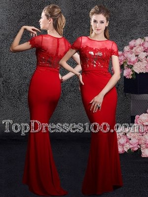 Scoop Sequins Red Short Sleeves Elastic Woven Satin Brush Train Zipper for Prom and Party and Military Ball and Wedding Party