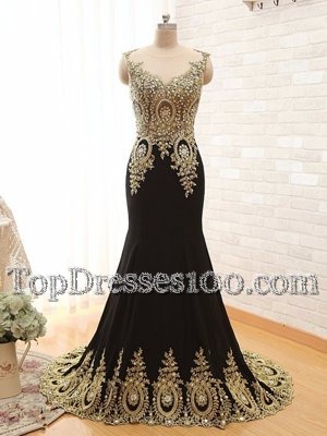 Sumptuous Black A-line Elastic Woven Satin Scoop Sleeveless Beading and Appliques With Train Side Zipper Brush Train