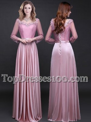 Admirable Empire Evening Dress Pink V-neck Elastic Woven Satin Long Sleeves Floor Length Lace Up