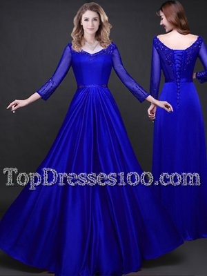 Beauteous Floor Length Royal Blue Prom Gown Elastic Woven Satin Long Sleeves Appliques and Belt