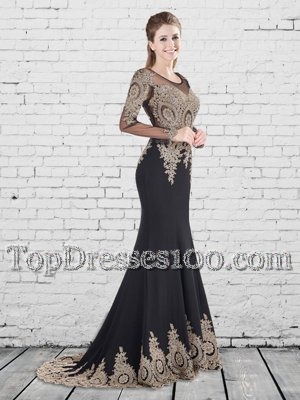 Simple Mermaid Black Lace Up Scoop Appliques Prom Party Dress Elastic Woven Satin Long Sleeves Brush Train