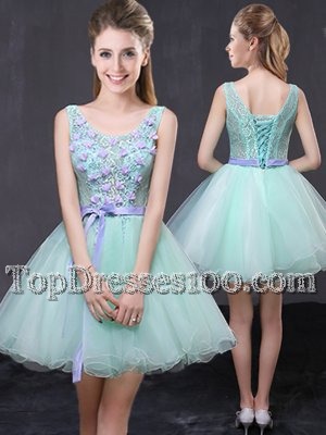 Great Scoop Apple Green A-line Lace and Hand Made Flower Custom Made Lace Up Organza Sleeveless Mini Length