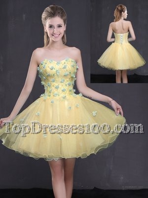 Artistic Mini Length Lace Up Cocktail Dresses Light Yellow and In for Prom and Party with Appliques