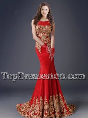 Luxurious Mermaid Red Scoop Side Zipper Appliques Prom Evening Gown Brush Train Sleeveless