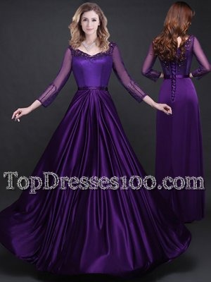 Delicate Appliques and Belt Dress for Prom Purple Lace Up Long Sleeves Floor Length