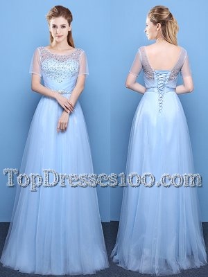 Exceptional Scoop Floor Length Empire Short Sleeves Light Blue Dress for Prom Lace Up