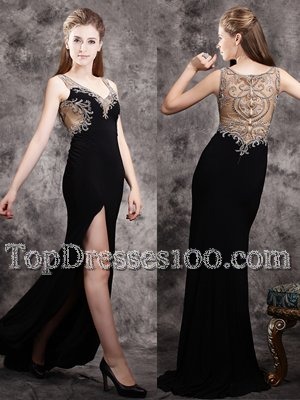 Discount Black V-neck Neckline Appliques Prom Gown Sleeveless Zipper