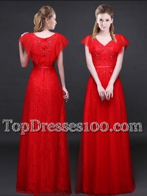 Tulle and Lace V-neck Short Sleeves Zipper Appliques and Belt Evening Dress in Red
