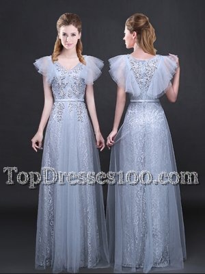 High Quality Lace Short Sleeves Floor Length Appliques and Belt Zipper Dress for Prom with Grey