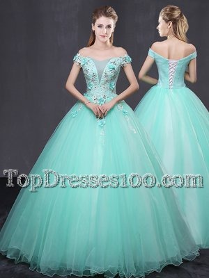 Off the Shoulder Floor Length Lace Up 15th Birthday Dress Apple Green and In for Military Ball and Sweet 16 and Quinceanera with Appliques