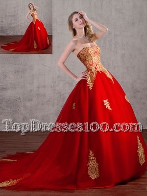 Custom Designed Tulle Strapless Sleeveless Court Train Lace Up Appliques 15 Quinceanera Dress in Red