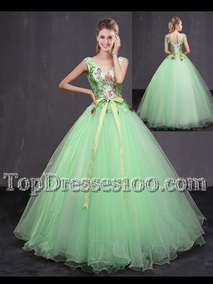Admirable Apple Green Sleeveless Floor Length Appliques and Belt Lace Up Sweet 16 Dress