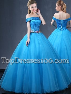 Graceful Off the Shoulder Baby Blue Sleeveless Beading and Appliques Floor Length Quinceanera Gown