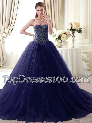 Beading Quince Ball Gowns Navy Blue Lace Up Sleeveless Floor Length